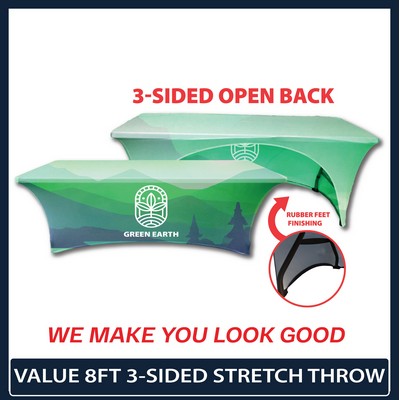 Value - 8' x 30"Top x 29"H - 3 Sided Hemmed Stretch Table Throw (Full Coverage Dye Sublimation)
